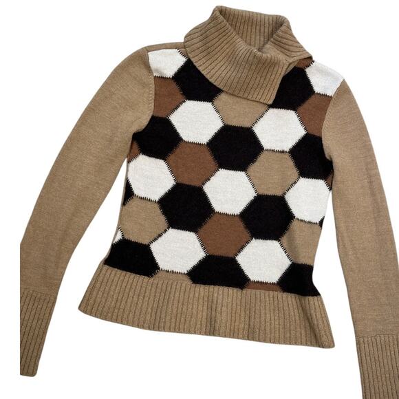 90s Kenneth Cole Wool Tortoise Patchwork Turtleneck Sweater - Picture 3 of 7